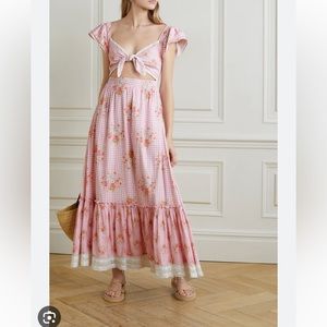 NWT LOVESHACKFANCY Emeka tie-front gingham cotton maxi dress floral XS